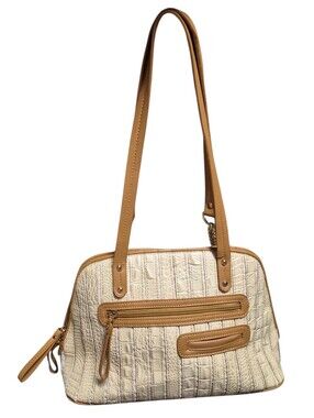 M.C. Faux Croc Embossed Satchel Shoulder Bag Cream Tan Multi Pocket Purse Boho